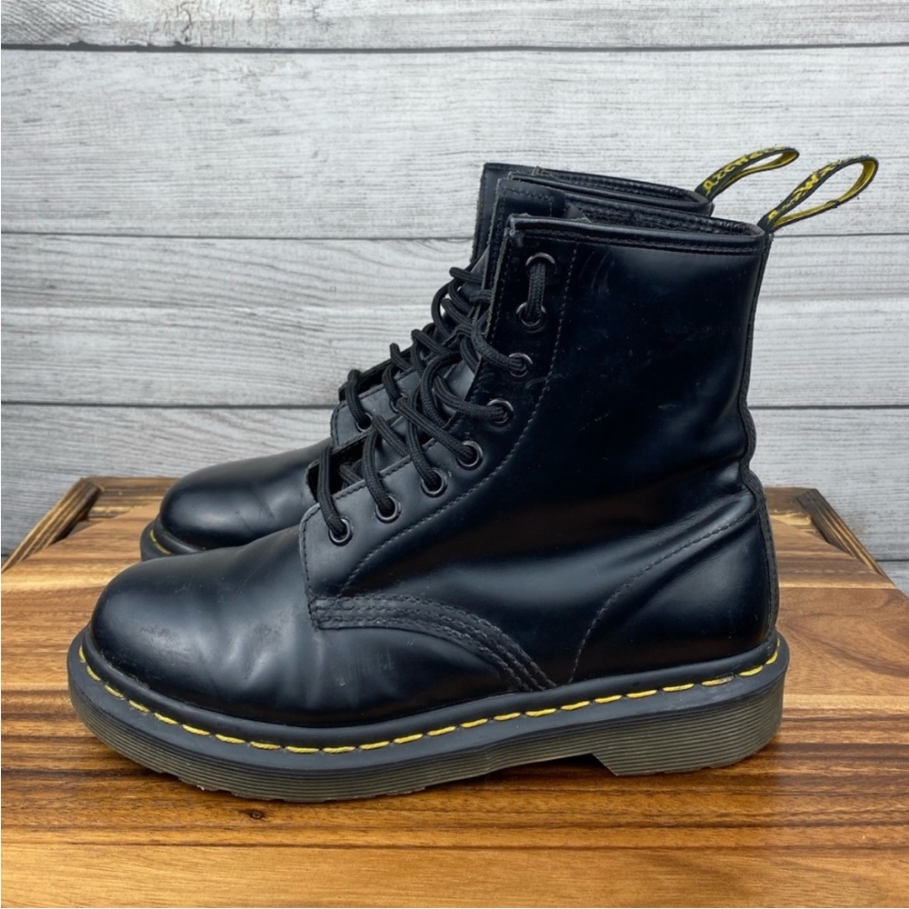 Dr. Martens Leather Combat Boots with Yellow Stitching